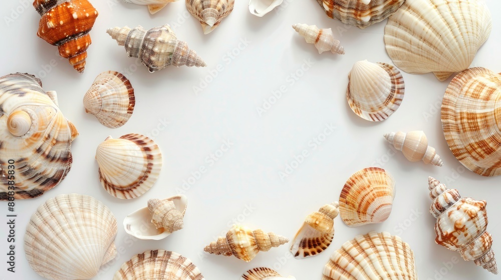 Sea shells arranged in circle on white background with space for text Sea shells arranged in circle on white background with space for text