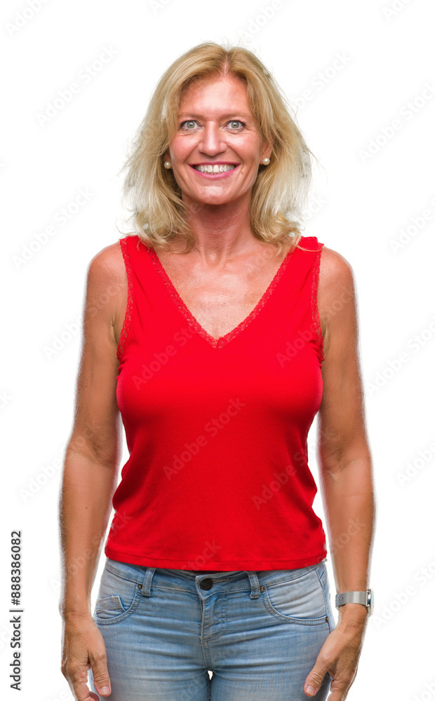 Middle age blonde woman over isolated background with a happy and cool smile on face. Lucky person. Middle age blonde woman over isolated background with a happy and cool smile on face. Lucky person.