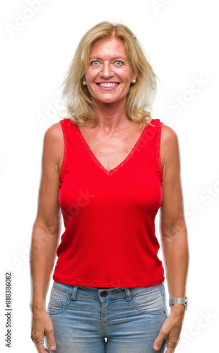 Middle age blonde woman over isolated background with a happy and cool smile on face. Lucky person.