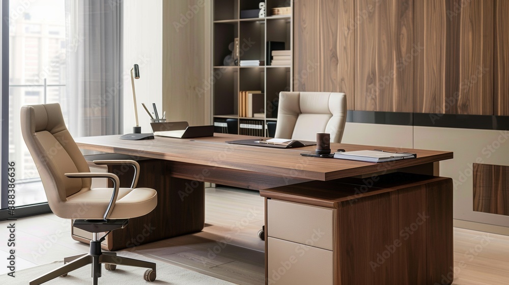 A modern office with a large wooden desk and two leather chairs A modern office with a large wooden desk and two leather chairs