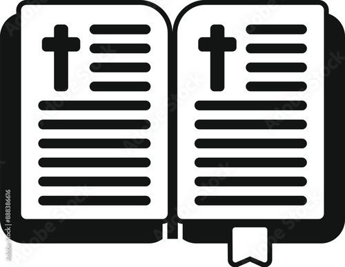 Open book with bookmark is laying open with christian cross symbol at the top of the pages