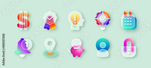 UI icons with matte glassmorphism effect. Transparent frosted glass morphism money sign, pin, human head, security lock, calendar, person user or business solution blur gradient buttons for mobile app