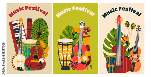 Posters with musical instruments. Set of flyers for a music festival. Vector illustration