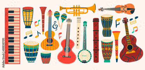 Set of different musical colorful instruments with hand drawn textures. Guitar, drum, violin, trumpet. Vector illustration
