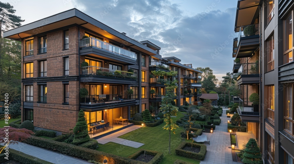 Modern Apartment Complex with Lush Greenery Modern Apartment Complex with Lush Greenery