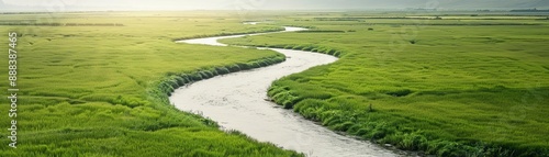 A serene river meandering through lush, verdant fields under a clear sky, epitomizing the beauty and tranquility of nature. © AbsoluteAI