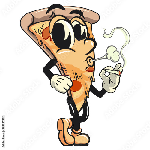 character of a slice pizza cartoon vector isolated clip art mascot illustration smoke calmly, work of hand drawn