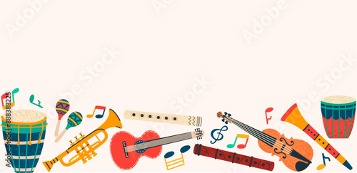 Banner with colorful musical instruments. World Music Day concept illustration with copy space.