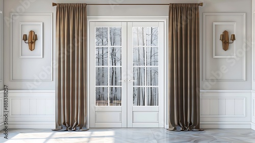 Beautifully crafted white double glazed doors in a luxury home framed by bronze coloured silk curtains and ties hanging from a bronzed curtain rail