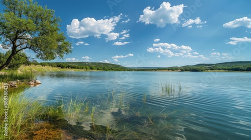 Wide view of a picturesque lake. 