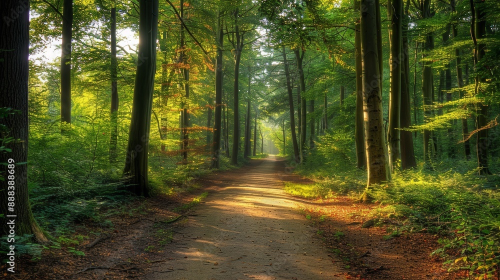 Wide view of a serene forest path. Wide view of a serene forest path.