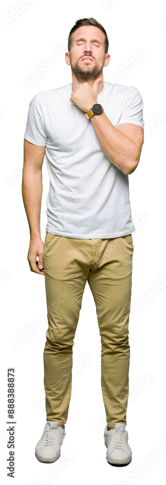 Handsome man wearing casual white t-shirt Touching painful neck, sore throat for flu, clod and infection Handsome man wearing casual white t-shirt Touching painful neck, sore throat for flu, clod and infection