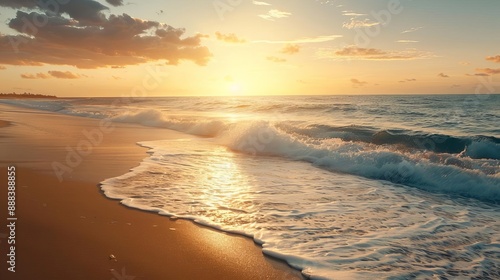 Beautiful sunset over a sandy beach with gentle waves crashing on the shore. Orange hues fill the sky with tranquility.