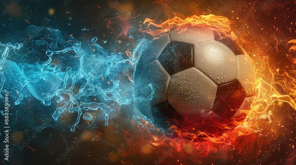Fototapeta premium Dynamic Soccer Ball Engulfed in Stylized Flames and Ice, Symbolizing Intense Competition and Duality of Elements in Sports