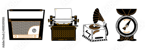 Set of retro technologies. Vintage objects, radio, scales, gramophone and typewriter