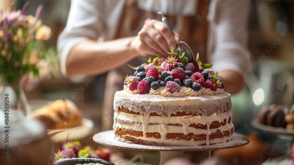 Close-up of a baker decorating a cake. Close-up of a baker decorating a cake.