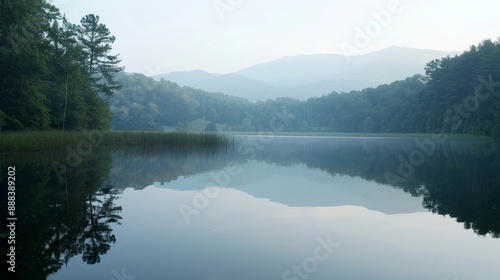 Tranquil Morning Fog Over a Still Lake and Misty Mountains