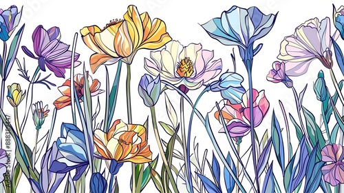 Colorful wildflowers illustration with a stained glass effect, featuring delicate pastel shades and intricate line work, isolated on a clean white background