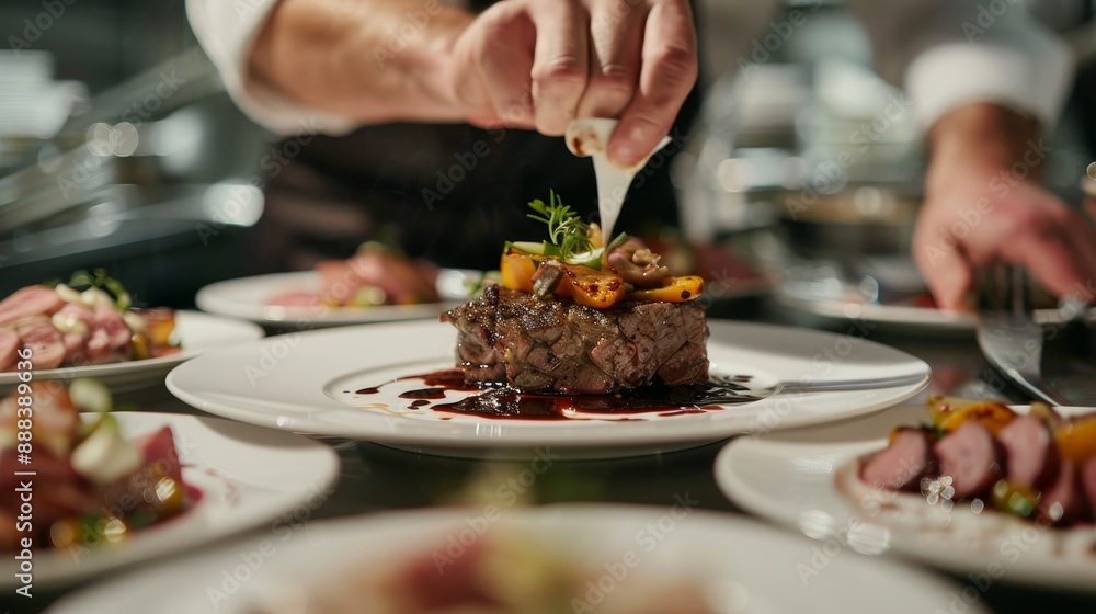 Chef Finishing Plate of Roasted Meat With Sauce and Garnishes in Restaurant Kitchen Chef Finishing Plate of Roasted Meat With Sauce and Garnishes in Restaurant Kitchen