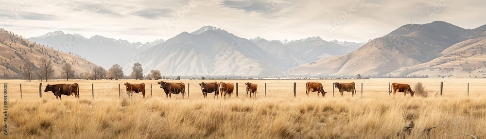 Cattle grazing in a vast, golden pasture with mountains in the background under a cloudy sky, showcasing peaceful rural landscape. Cattle grazing in a vast, golden pasture with mountains in the background under a cloudy sky, showcasing peaceful rural landscape.