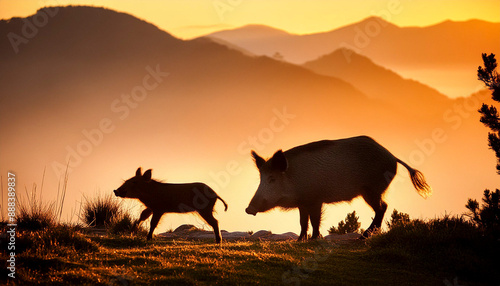 Backlit silhouette of a wild boar and its calf photo