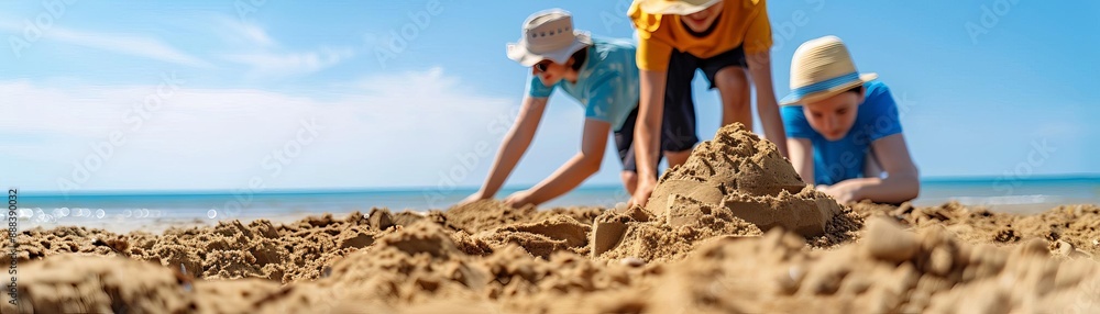 Children playing on the beach, building sandcastles and enjoying a sunny day by the ocean. Perfect summer activities. Children playing on the beach, building sandcastles and enjoying a sunny day by the ocean. Perfect summer activities.