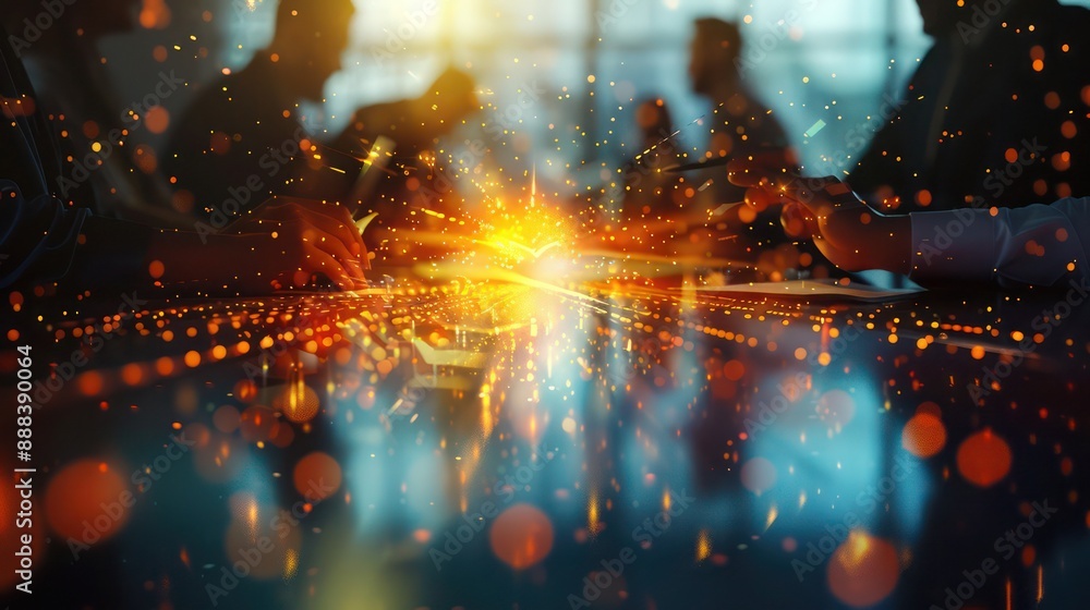 artistic representation of venture capital negotiations, shown as a table where light beams converge to form agreements artistic representation of venture capital negotiations, shown as a table where light beams converge to form agreements