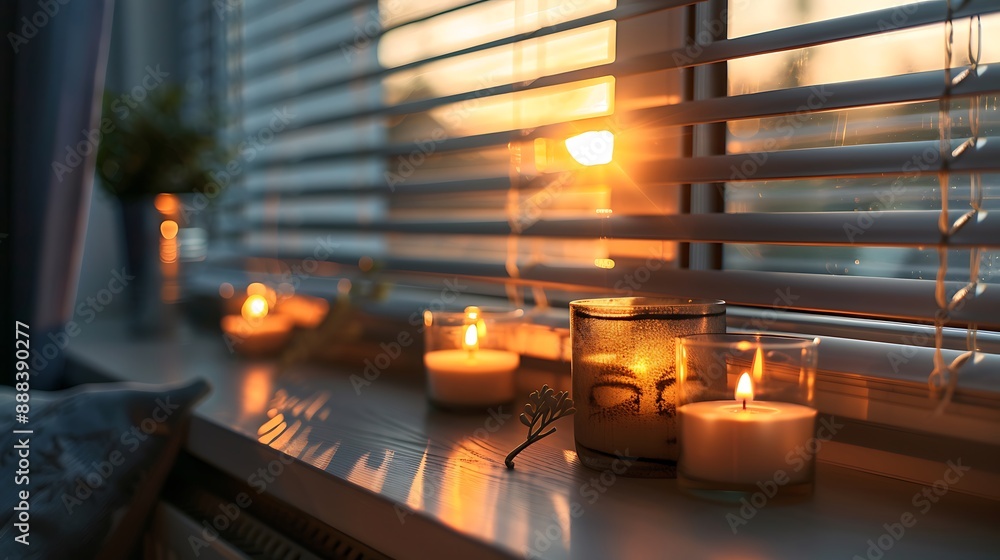 Candles with the inscription home on the windowsill with beautiful blinds Candles with the inscription home on the windowsill with beautiful blinds