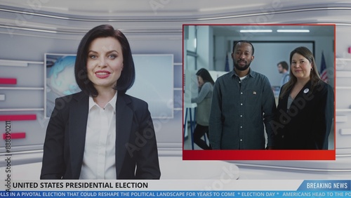 Female anchor in news studio reports live news about Presidential Election Day in the United States. Video story shows highlights from polling station. Playback of TV broadcast for political program. photo