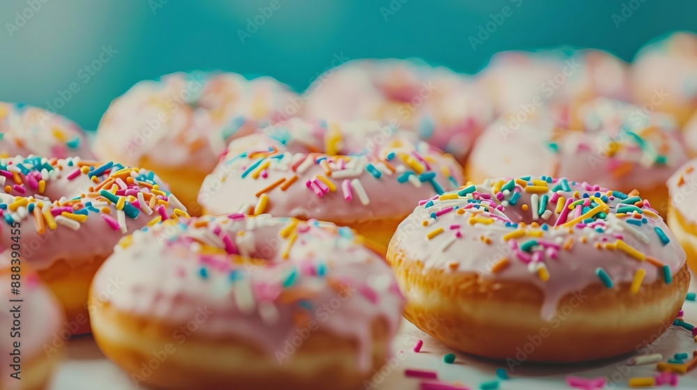 Close-up of delicious pink frosted donuts with colorful sprinkles arranged on a table, perfect for any dessert-themed project. Close-up of delicious pink frosted donuts with colorful sprinkles arranged on a table, perfect for any dessert-themed project.