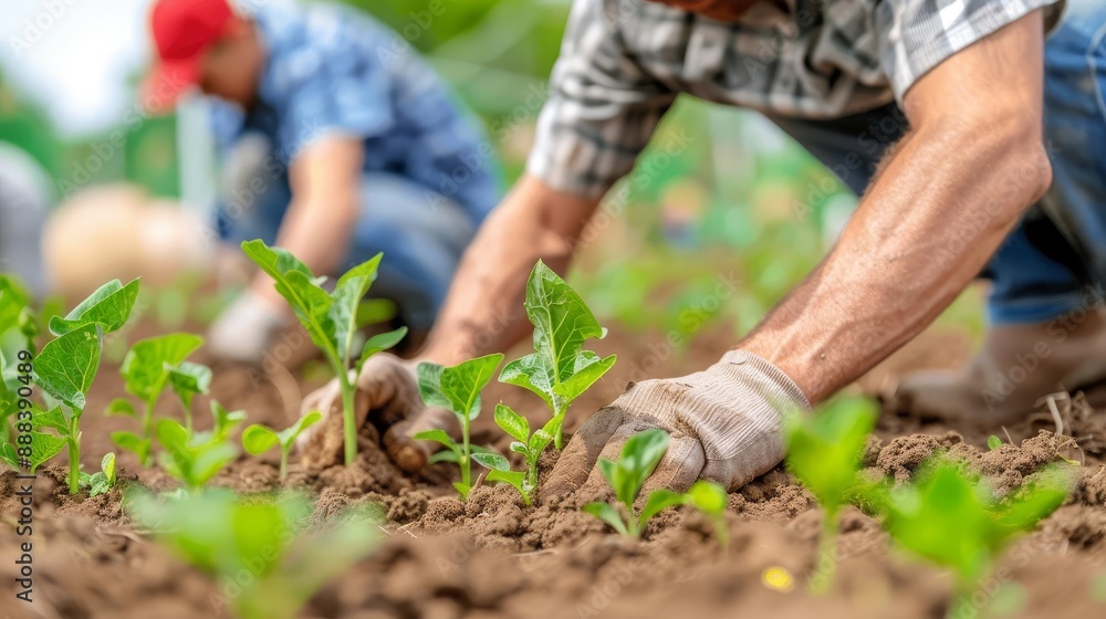 Close-up of gardeners planting seedlings in soil with gloves, showcasing teamwork, agriculture, and gardening in a sunny environment. Close-up of gardeners planting seedlings in soil with gloves, showcasing teamwork, agriculture, and gardening in a sunny environment.