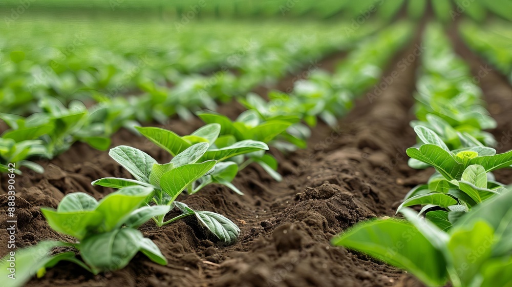 Close-up of green seedlings in rows in a lush agricultural field, showcasing early plant growth in spring season. Close-up of green seedlings in rows in a lush agricultural field, showcasing early plant growth in spring season.