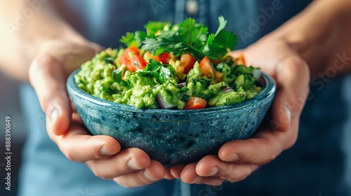 Close-up of hands holding a bowl of fresh guacamole topped with tomatoes and cilantro, perfect for a healthy and delicious snack or appetizer.