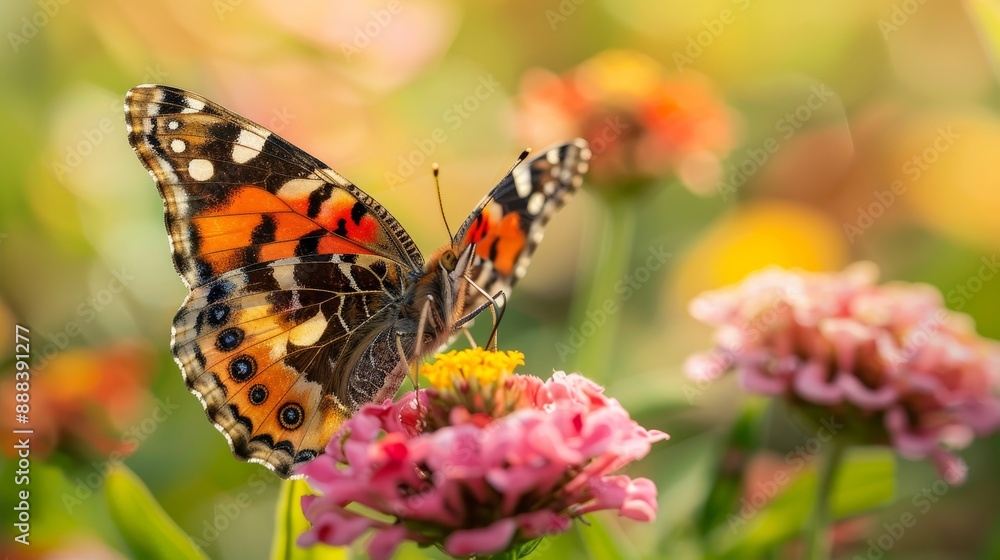 A Painted Lady Butterfly Gathering Nectar From a Pink Flower in a Garden on a Sunny Day A Painted Lady Butterfly Gathering Nectar From a Pink Flower in a Garden on a Sunny Day
