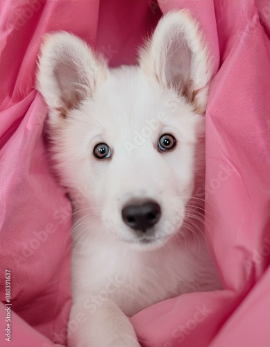 White German Shpeherd Puppy Hiding in Pink Sheets photo