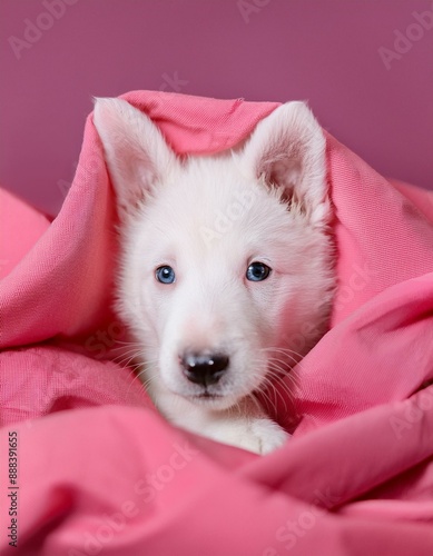 White German Shpeherd Puppy Hiding in Pink Sheets photo