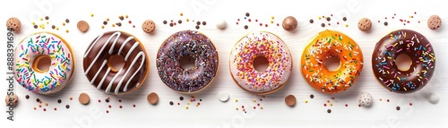Colorful assorted donuts with various toppings and sprinkles arranged in a row on a white background. Sweet dessert treats.