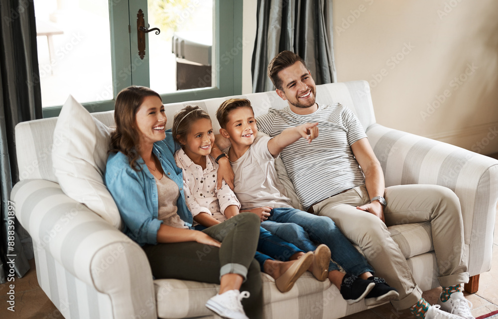 Parents, kids and watching tv on sofa with smile, point and relax together for bonding in family house. Father, mother and children with connection, happy and streaming with film, cartoon or movies Parents, kids and watching tv on sofa with smile, point and relax together for bonding in family house. Father, mother and children with connection, happy and streaming with film, cartoon or movies