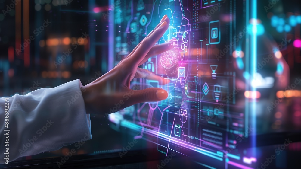 Image of a hand touching a futuristic transparent touchscreen showing technology icons including web, cloud computing, file storage, and mobile applications, set against a blue background. Image of a hand touching a futuristic transparent touchscreen showing technology icons including web, cloud computing, file storage, and mobile applications, set against a blue background.