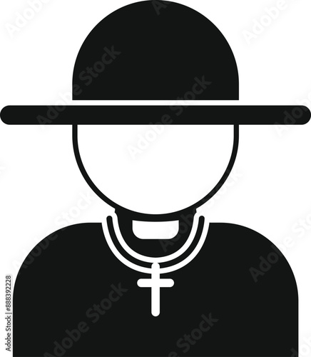 Black and white icon of a catholic priest wearing a cassock, hat, and cross necklace