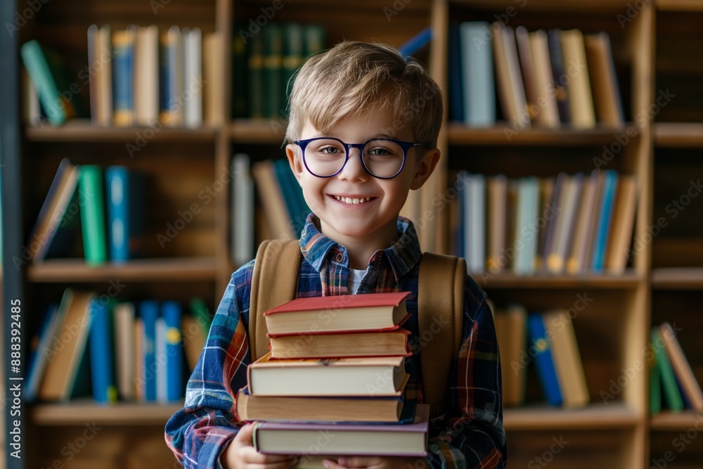 Smiling child holding books in library for education concept Smiling child holding books in library for education concept