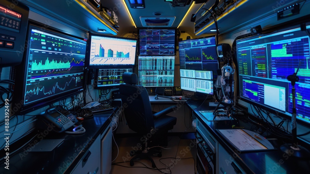 Fototapeta premium virtual financial storm chaser van equipped with tools and screens monitoring economic turbulence and forecasting tools