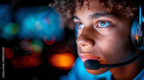 Focused Young Kid Using Computer with Headphones in Dark Room