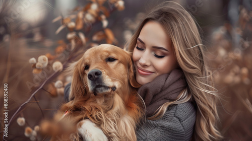 Woman hugging her dog in an autumn setting. Cozy and affectionate moment captured for design and print. 