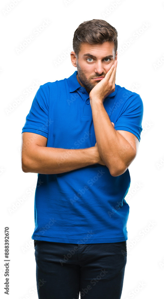 Young handsome man over isolated background thinking looking tired and bored with depression problems with crossed arms. Young handsome man over isolated background thinking looking tired and bored with depression problems with crossed arms.