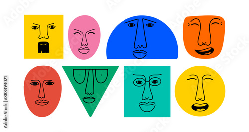 Concept art set with optimistic and other expressions on the faces. Diversity people. Diverse emotions in abstract forms. Vector illustration.