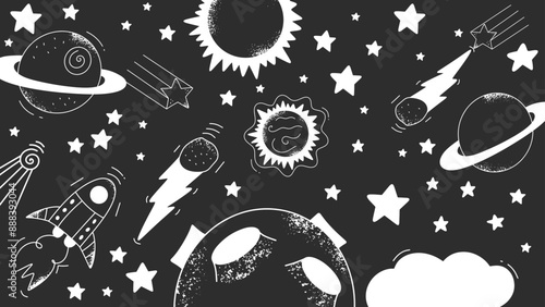 Cosmic black background with contemporary doodle space elements. Vector horizontal banner. Universe graphic design.