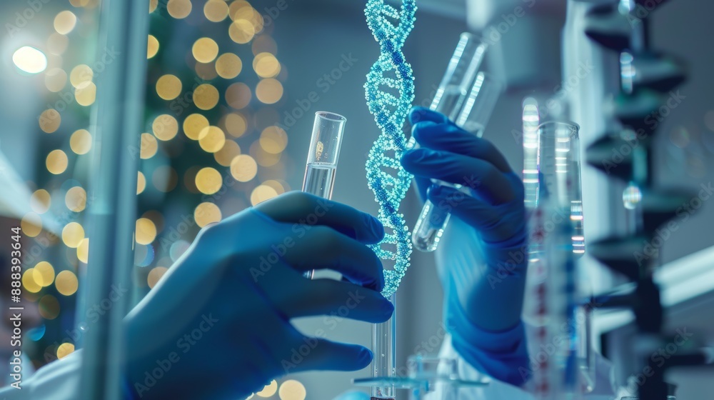 A scientist is using test tubes to study DNA in a lab. The scientist is wearing blue gloves and is doing research in molecular biology. A scientist is using test tubes to study DNA in a lab. The scientist is wearing blue gloves and is doing research in molecular biology.