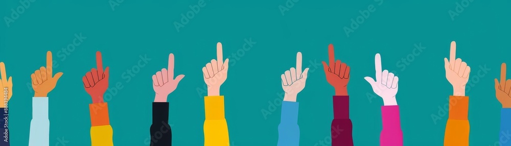 Diverse group of hands raising in unison against a teal background, symbolizing unity, voting, support, and community engagement. Diverse group of hands raising in unison against a teal background, symbolizing unity, voting, support, and community engagement.