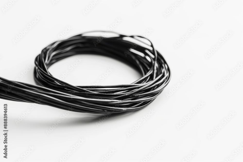 Coiled black electrical wire on a white background technology concept Coiled black electrical wire on a white background technology concept